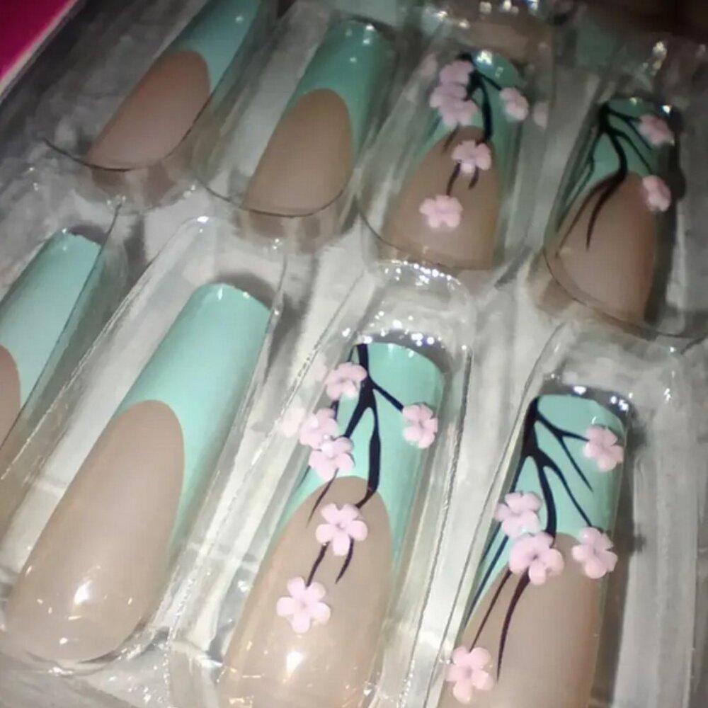 24 Pcs Long Square Cherry Blossom Floral 3D Green French Tip Press On Nails NIB - Picture 4 of 11